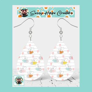 Earrings Colorful Striped Bumble Bees Pink Hearts Sublimated Printed on MDF